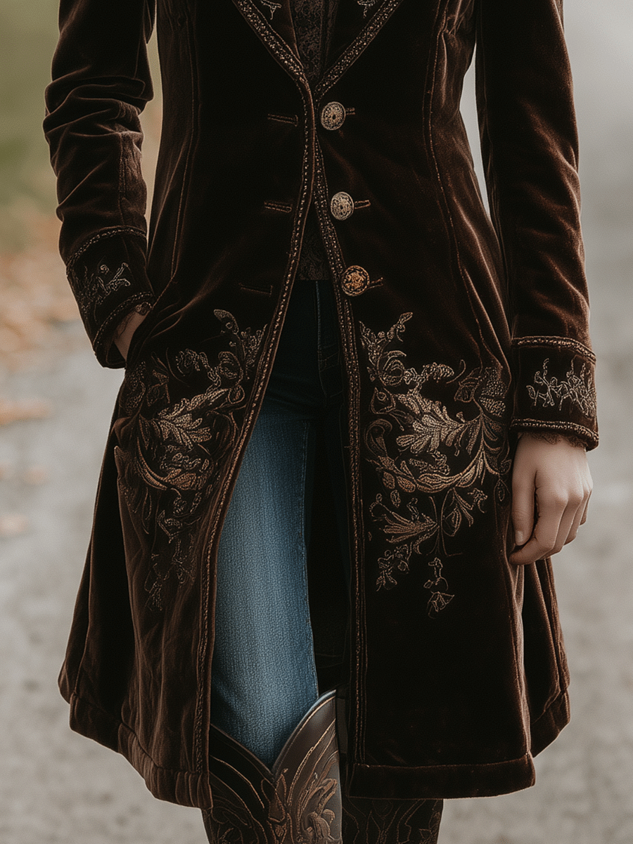 Vintage Brown Velvet Embroidered Long Coat