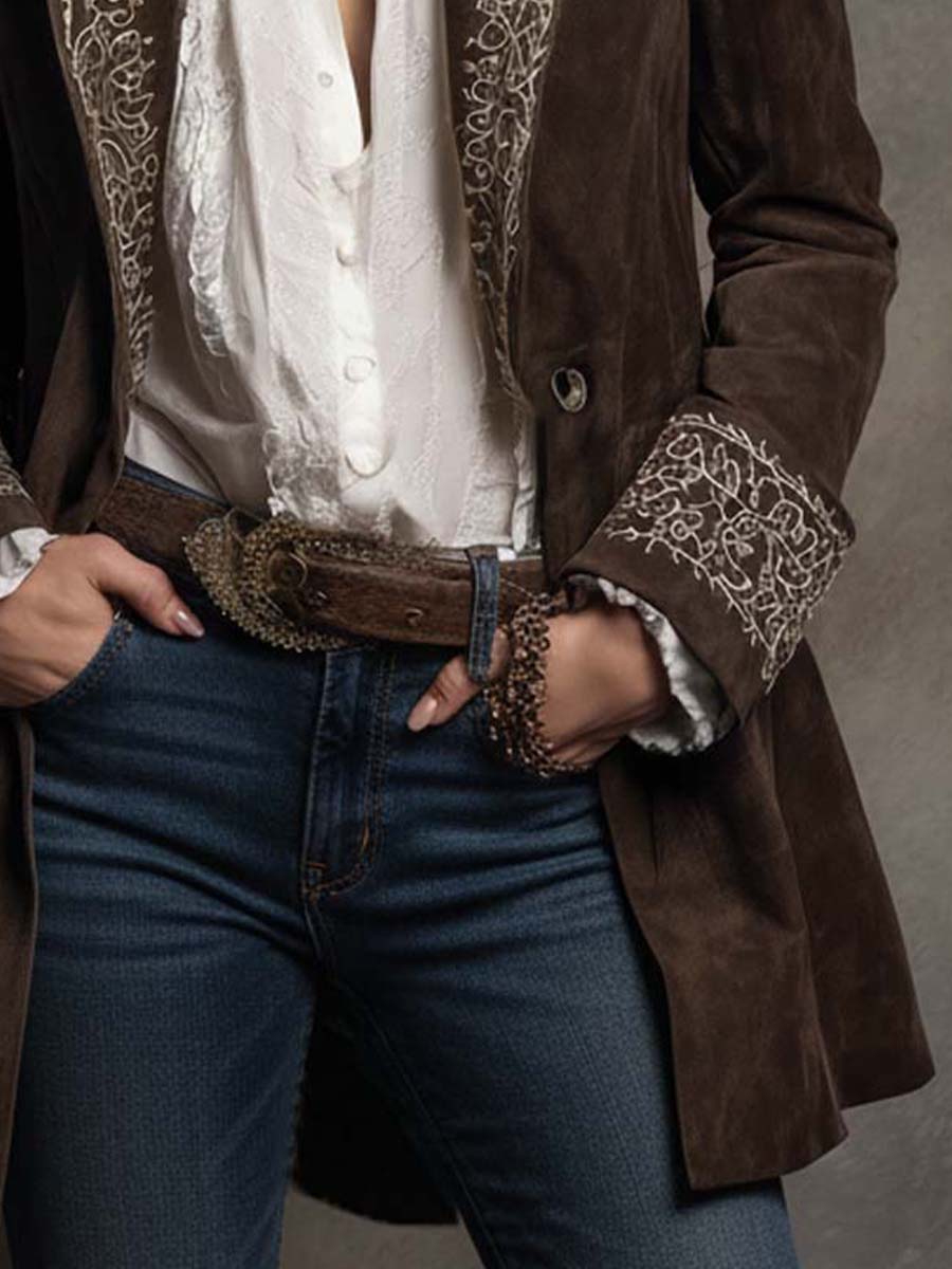 Vintage Western Elegance Mbroidered Suede Long Blazer