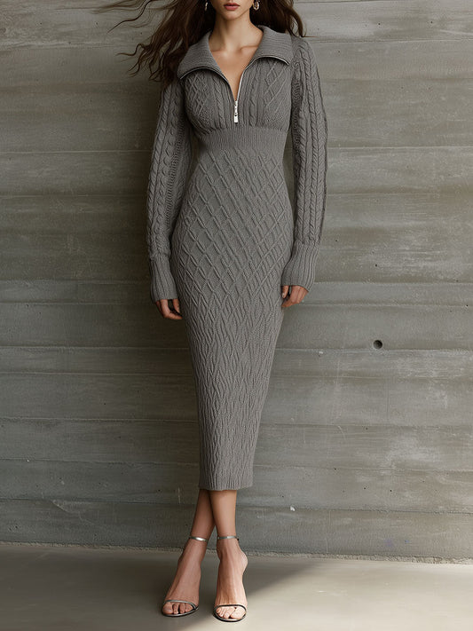 Chic Grey Half-Zip Collar Cable Knit Sweater Midi Dress