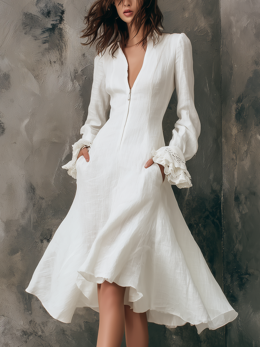 Retro Zipper Collar Ruffle Cuffs Midi Dress