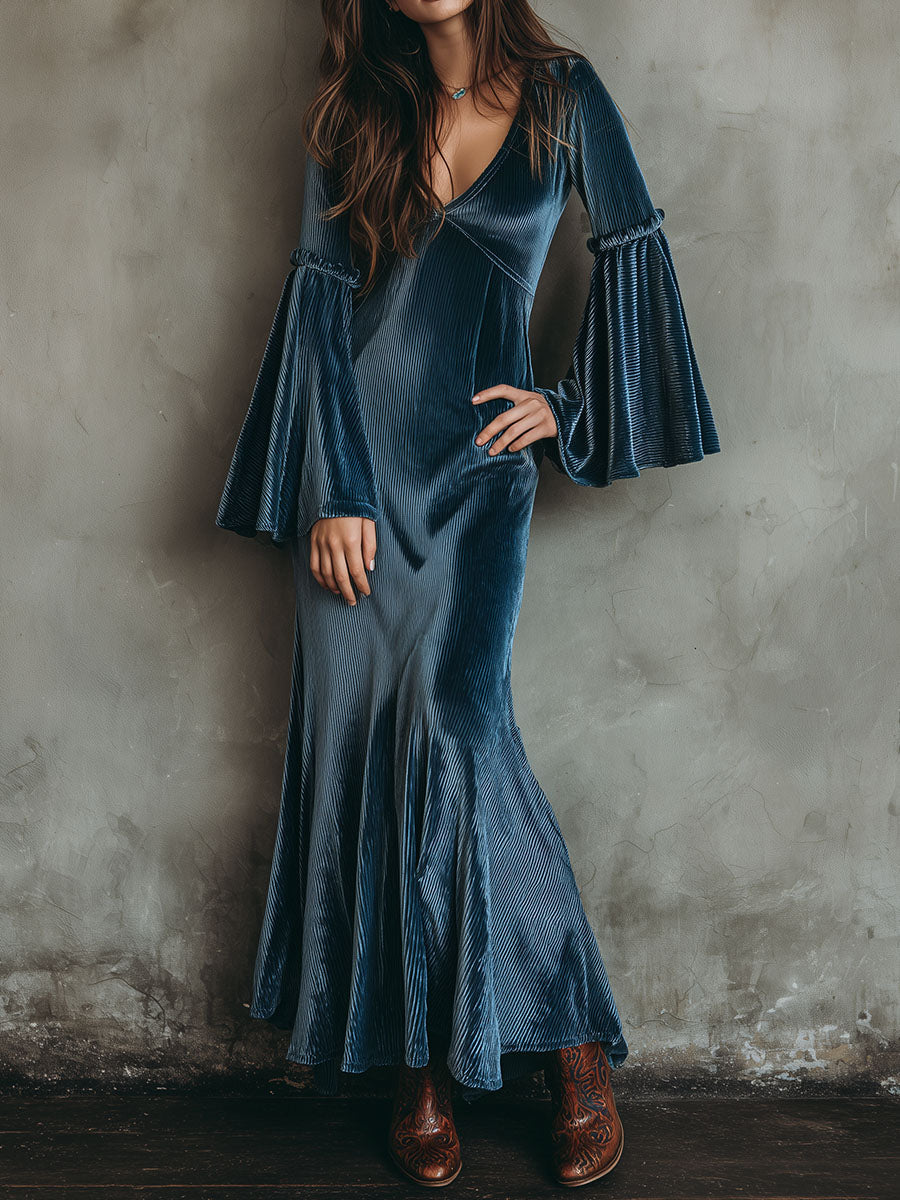 Bohemian Pleated Texture Velvet Flare-Sleeve Maxi Dress