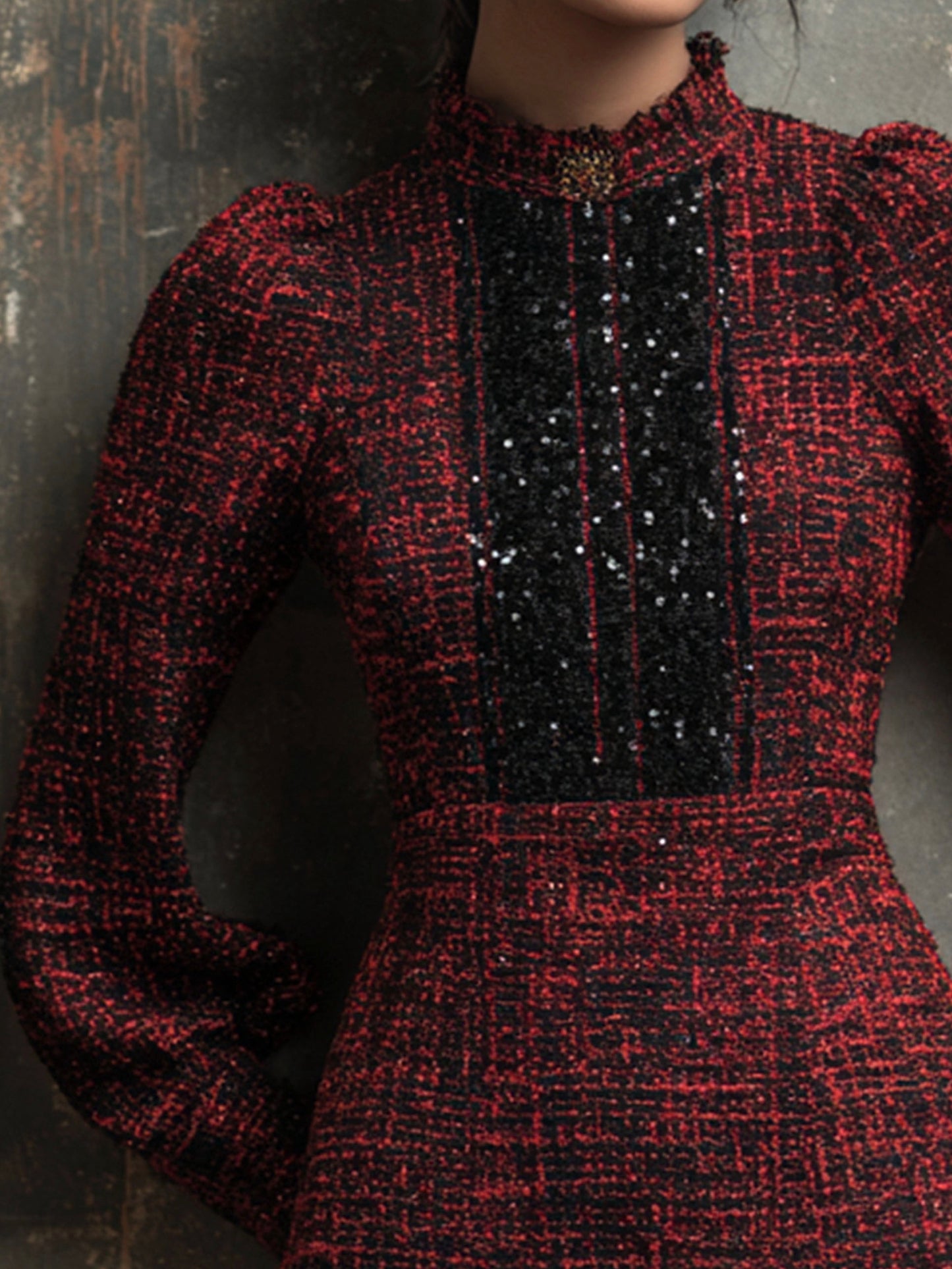 Elegant Red And Black Tweed Sequin Panel Mini Dress WithRuffled Hem
