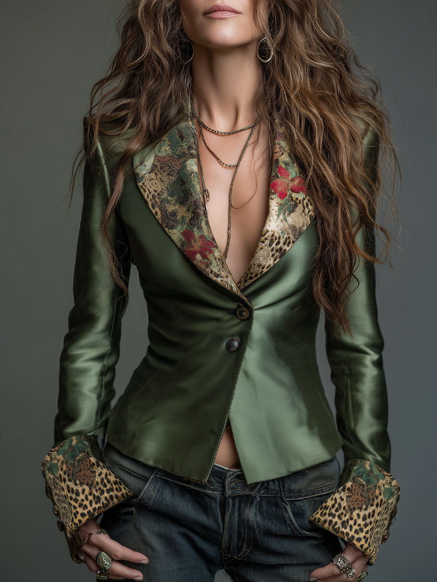 Retro Leopard Print Satin Fitted Blazer With Lapel Collar