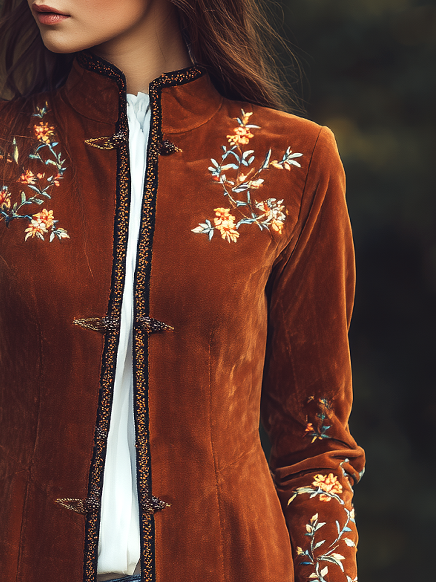 Vintage Contrast Trim Embroidered Velvet Mid-Length Jacket