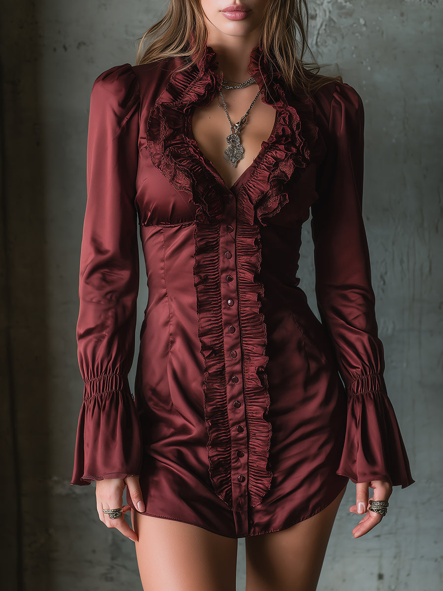 Elegant Retro Matte Satin Ruffled Mini Dress