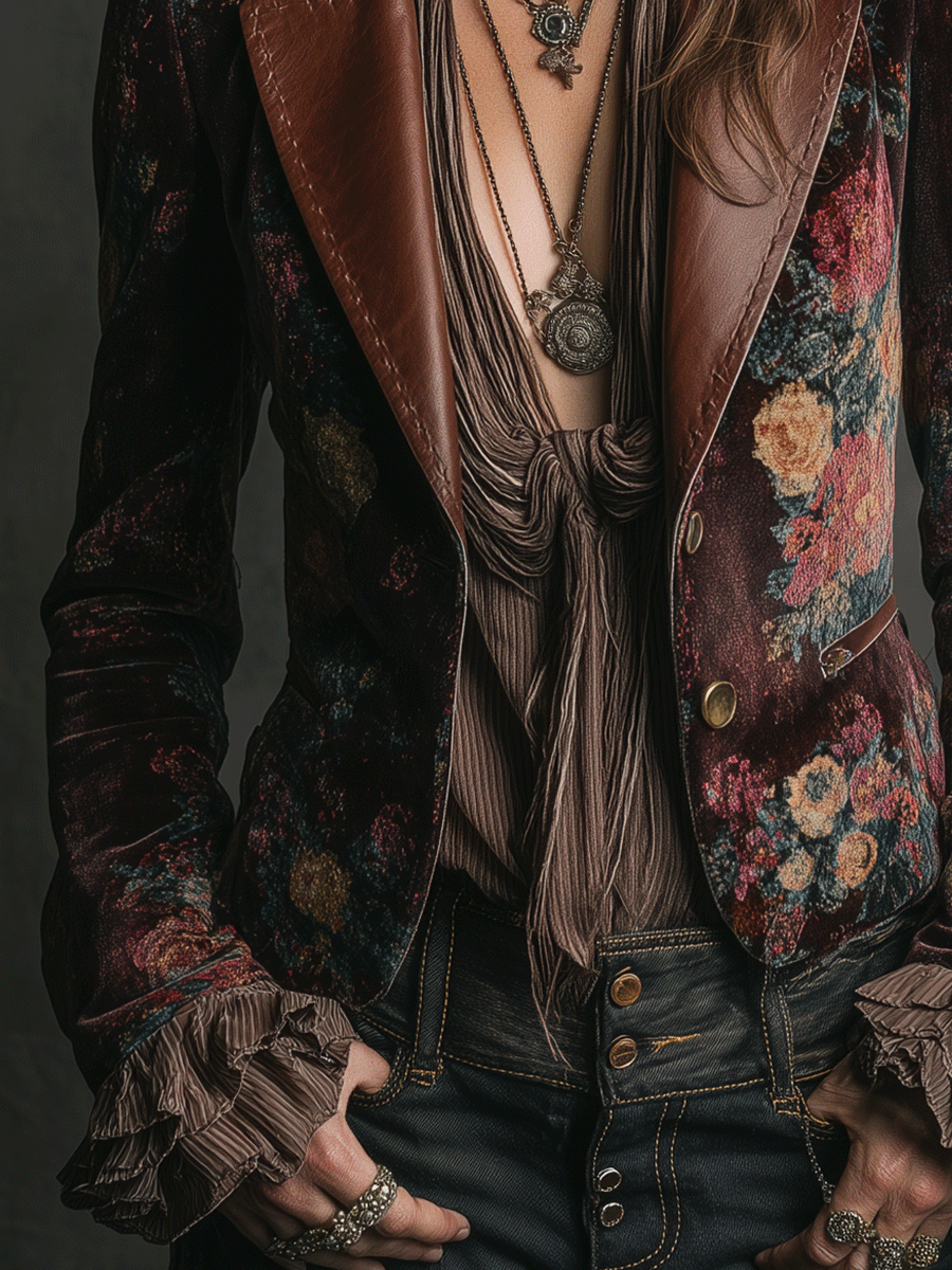 Vintage Burgundy Floral Velvet Contrast Lapel Blazer