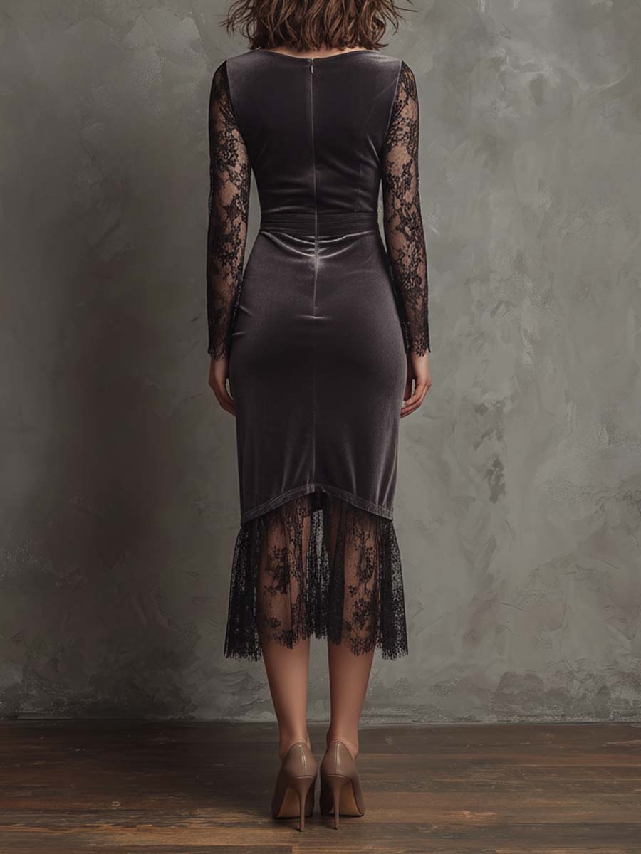 Elegant Charcoal Gray Velvet Lace Draped Midi Dress