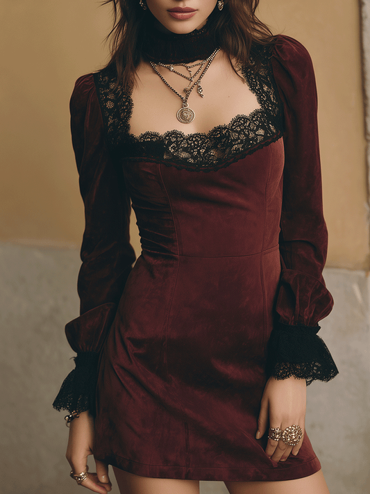 Romantic Lace Cuff Velvet Mini Dress