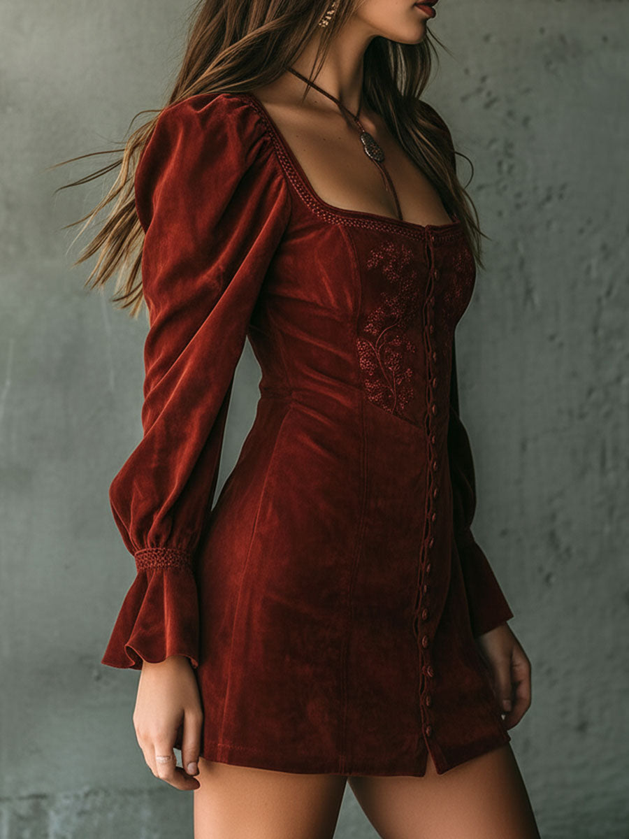 Vintage Rust Red Square Neck Embroidered Button-Front Mini Dress – BCSHARED