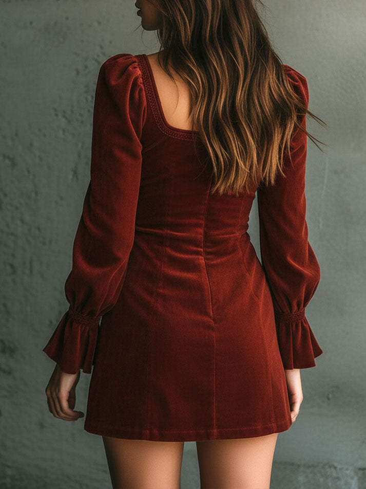 Vintage Rust Red Square Neck Embroidered Button-Front Mini Dress – BCSHARED