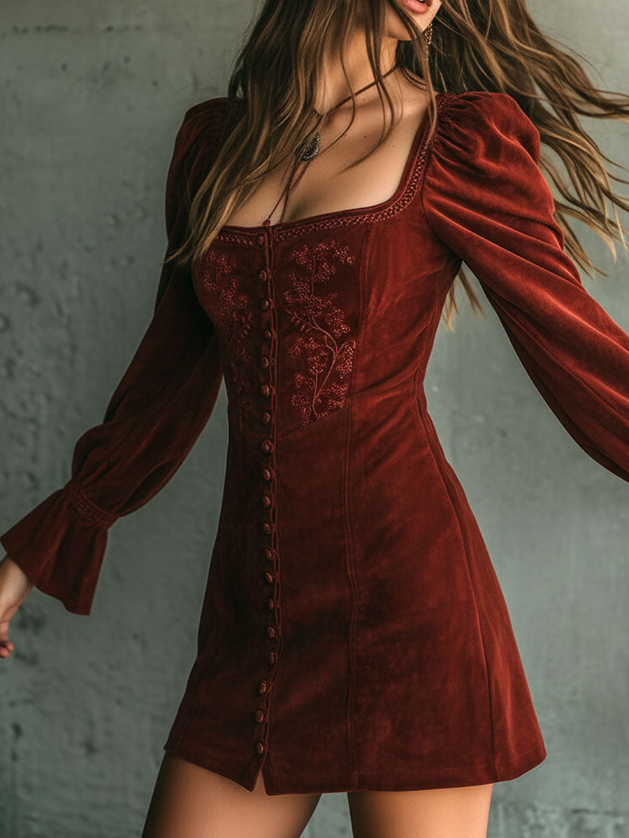 Vintage Rust Red Square Neck Embroidered Button-Front Mini Dress – BCSHARED