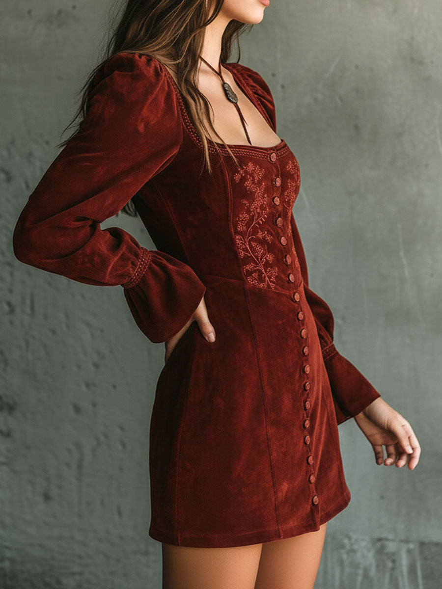 Vintage Rust Red Square Neck Embroidered Button-Front Mini Dress – BCSHARED
