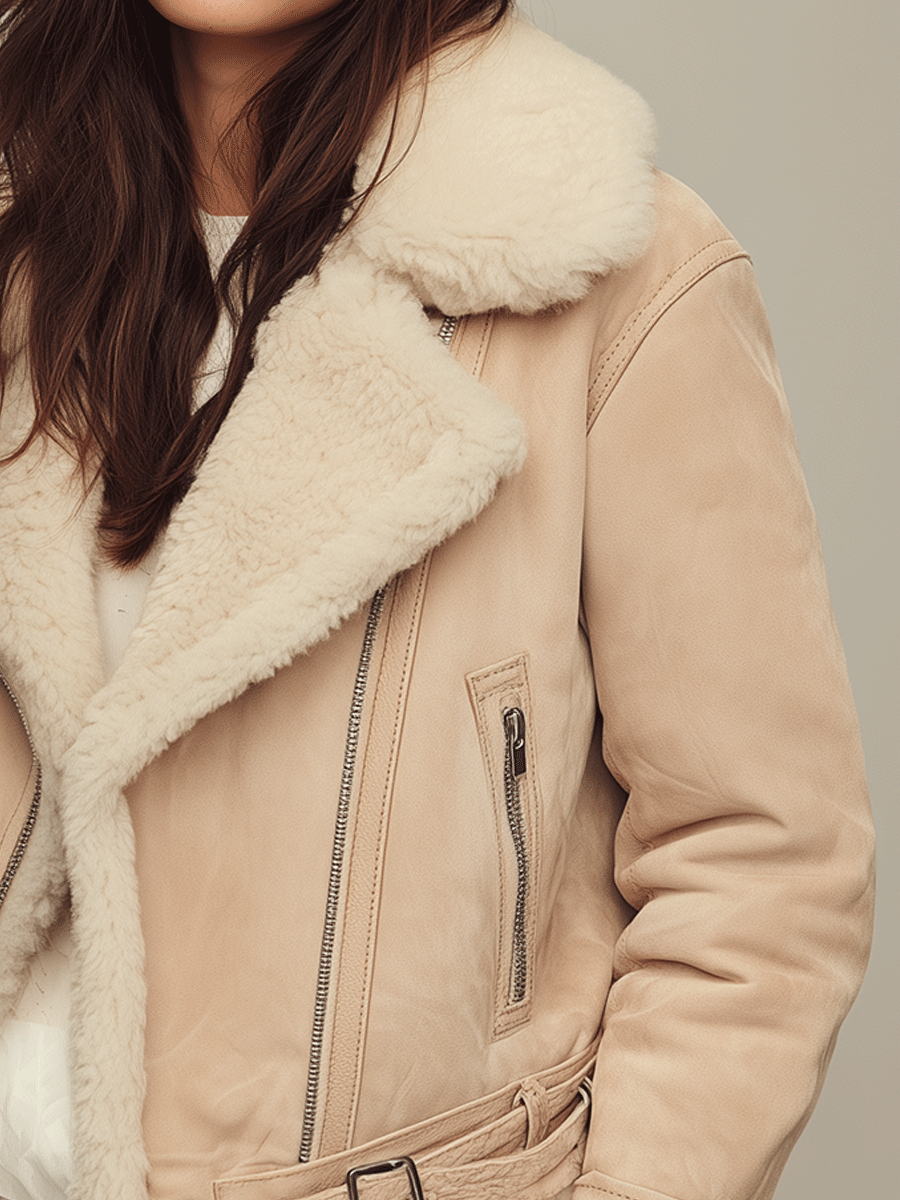 Warm Beige Eco-Suede Plush Sherpa Collar Jacket