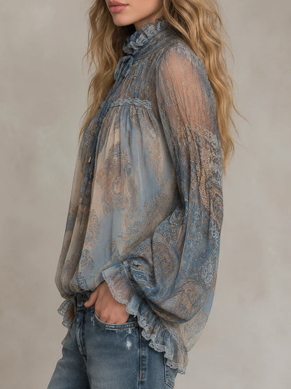 Vintage Sheer Paisley Ruffle Blouse