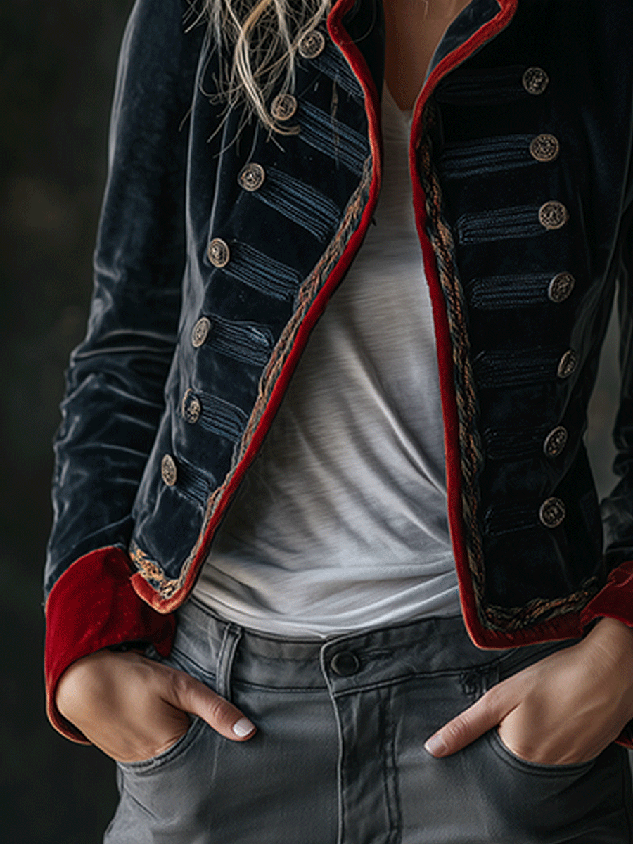 Retro Chic Velvet Military Style Double-Breasted Jacket