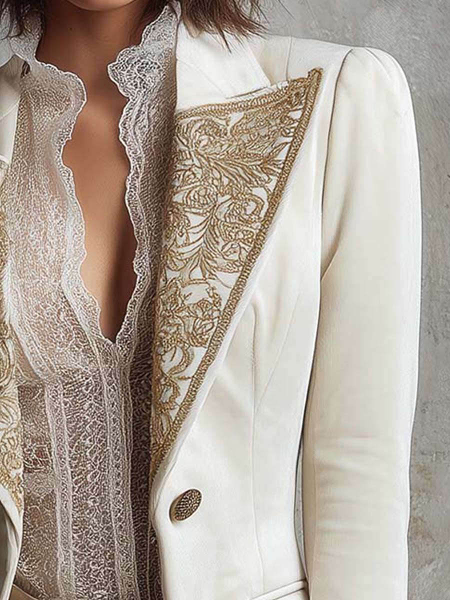 Ivory Embroidered Velvet Blazer With Gold Lace Detailing