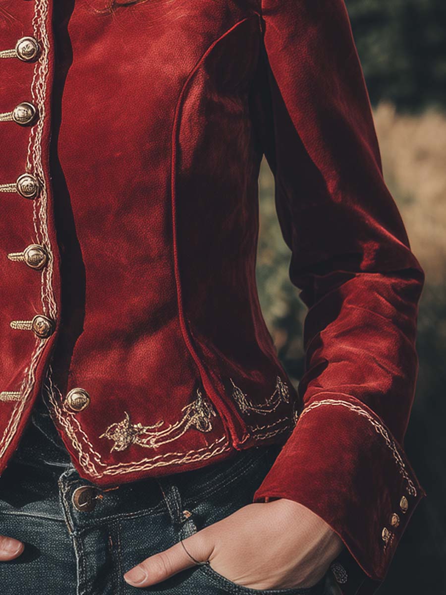 Vintage Crimson Baroque Embroidered Microsuede Blazer