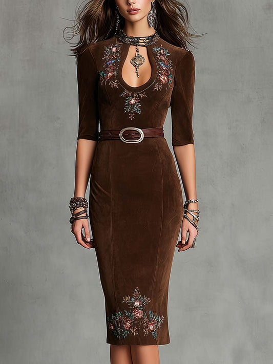 Embroidered Eco-Suede Keyhole Midi Dress ¨C Cocoa Brown