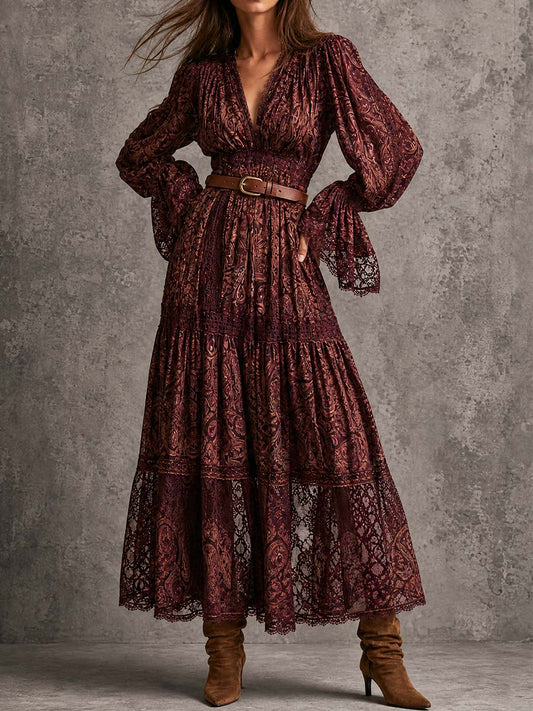 Vintage Paisley Lace Tiered Maxi Dress