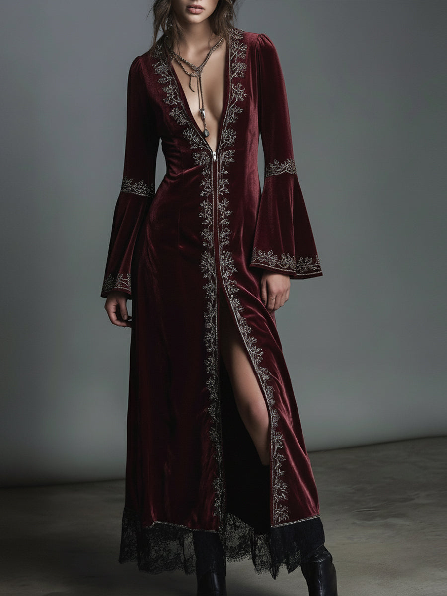 Romantic Drama Burgundy Velvet Opera Maxi Dress