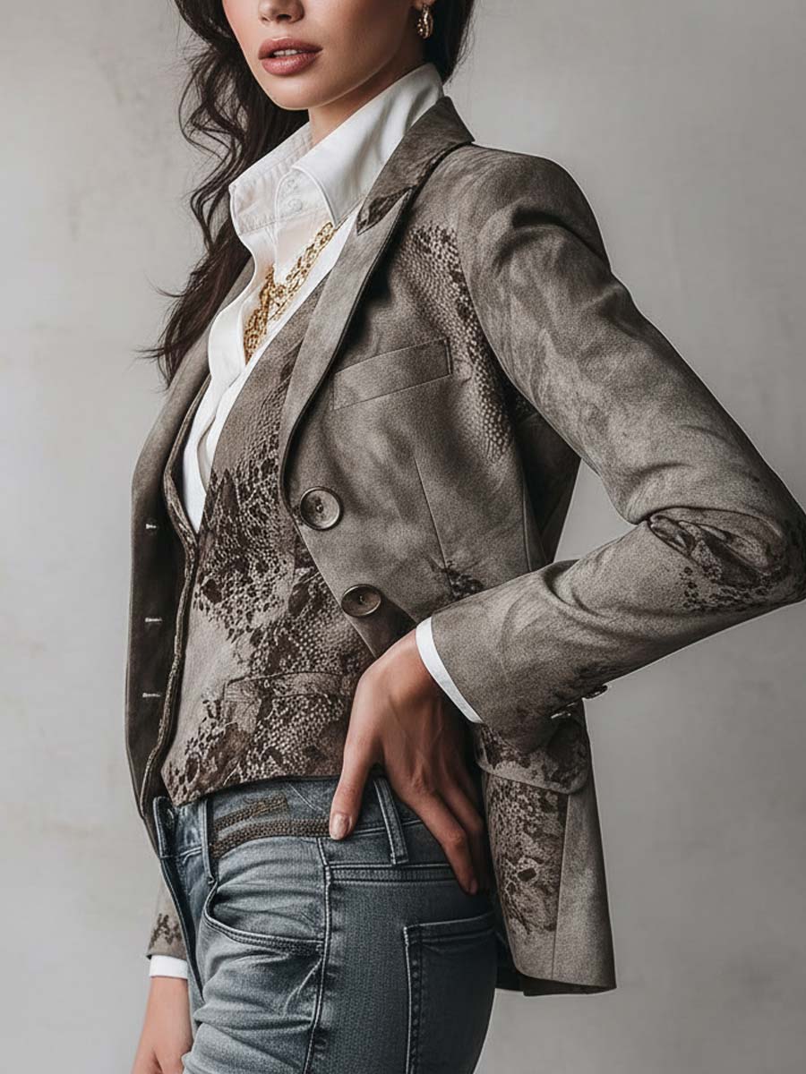 Vintage Floral Snake Pattern Eco-Suede Printed Blazer