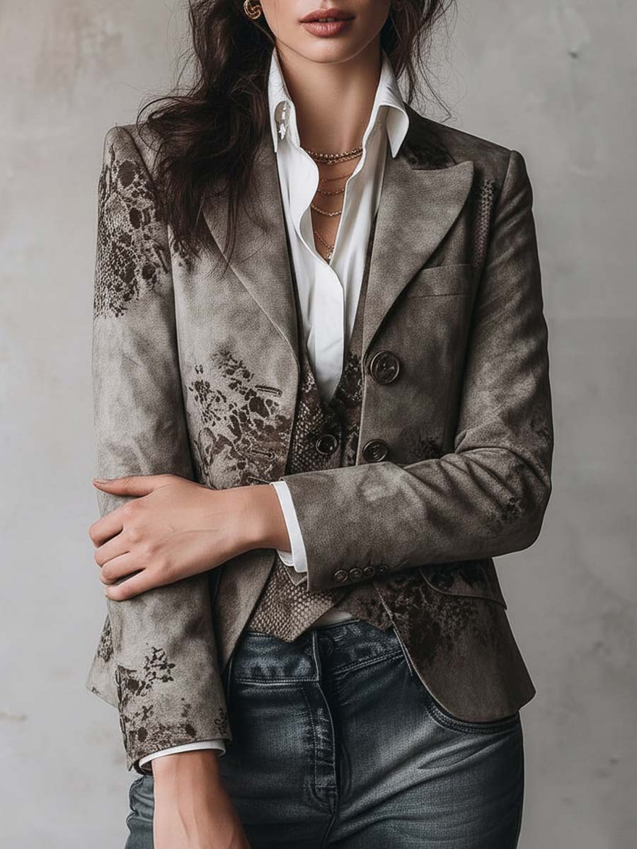 Vintage Floral Snake Pattern Eco-Suede Printed Blazer