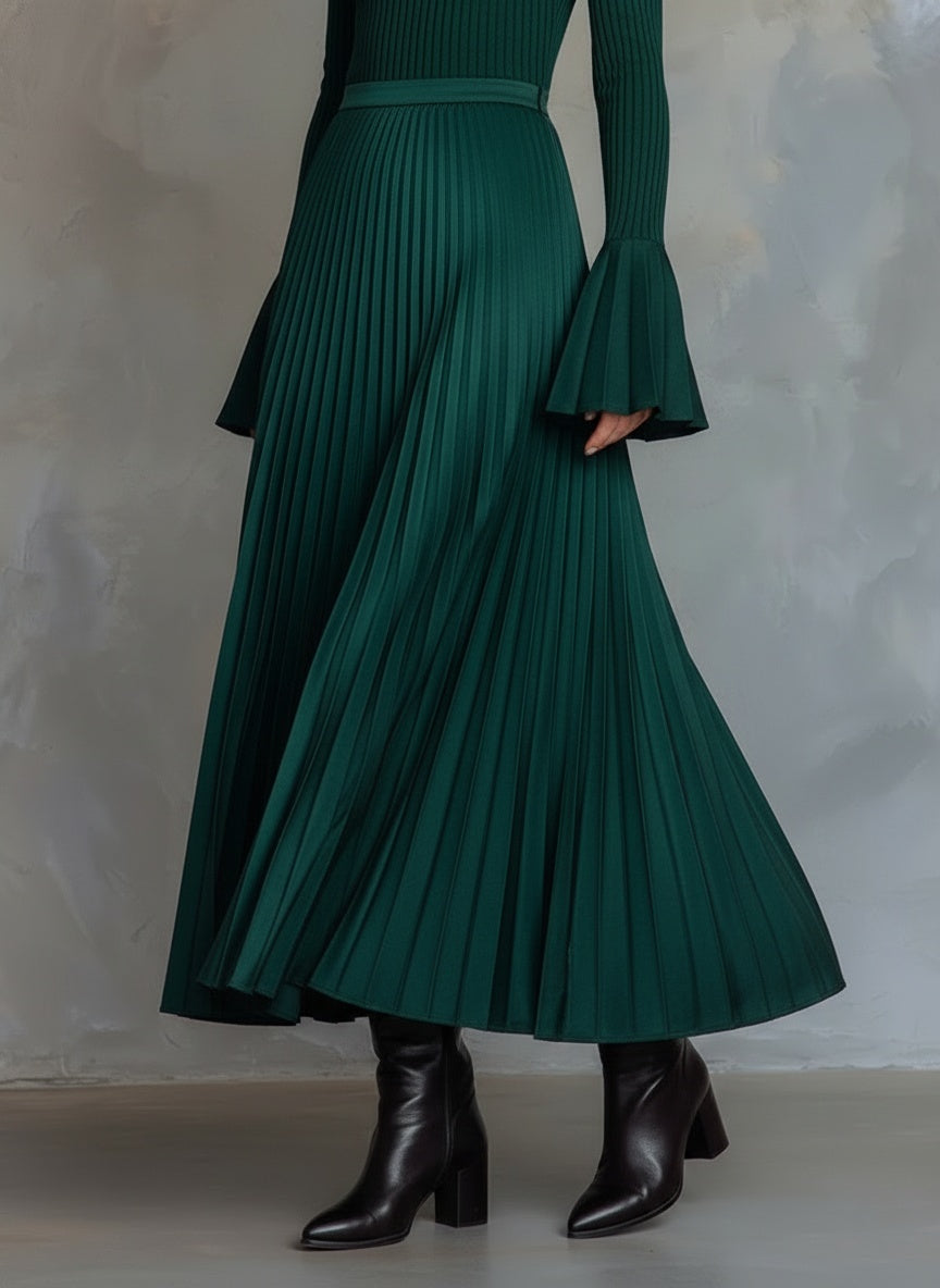 Elegant Ribbed Knit Pleated Midi Dress with Bell Sleeves