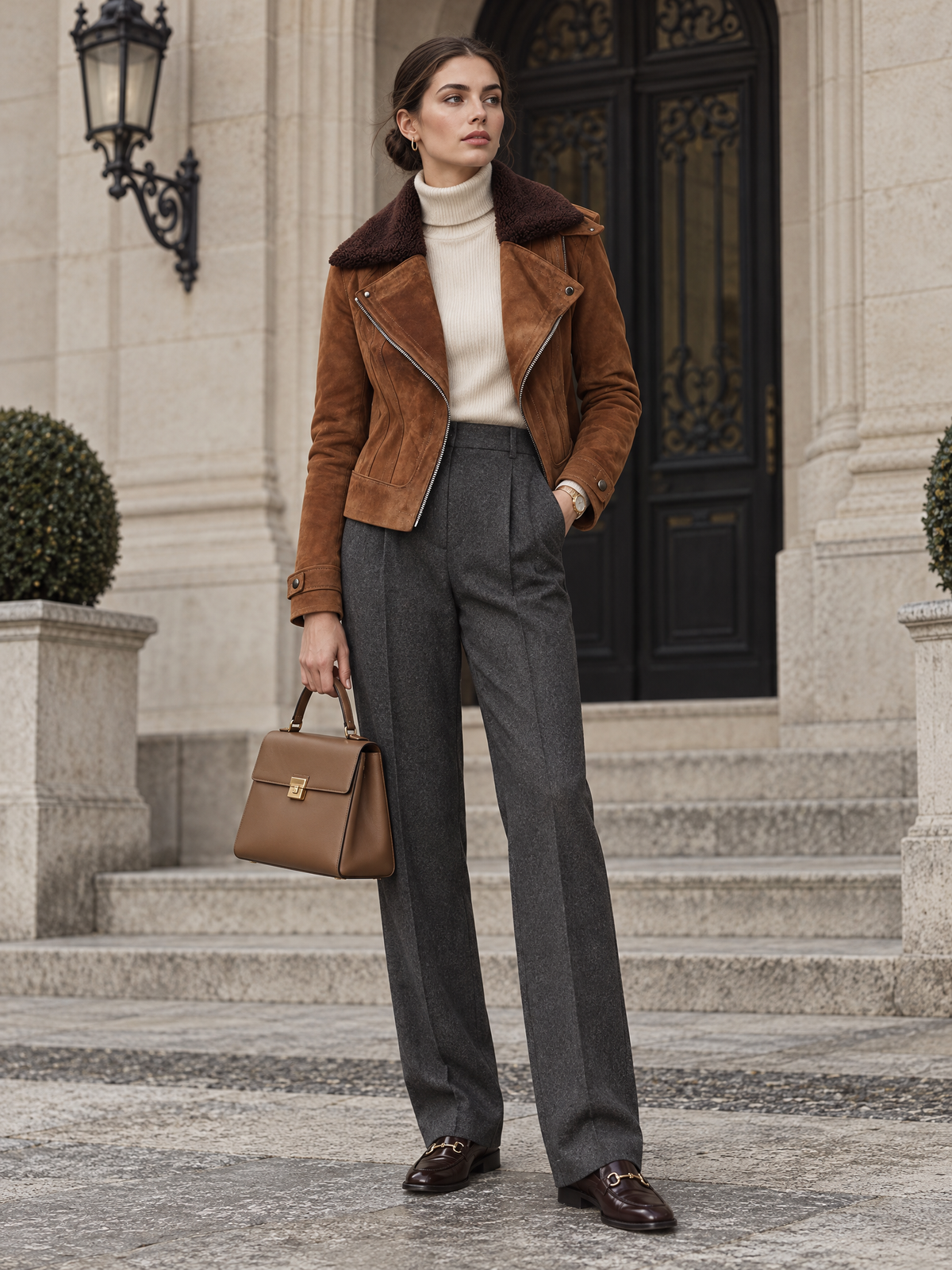 Boho Suede-Look Asymmetric Zip Moto Jacket with Faux Shearling Collar