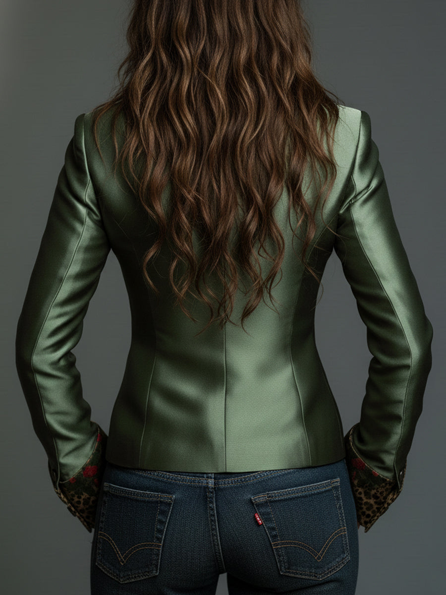 Retro Leopard Print Satin Fitted Blazer With Lapel Collar