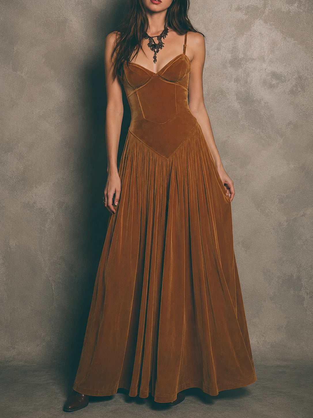 Spaghetti Strap Vintage Caramel Swan Maxi Dress