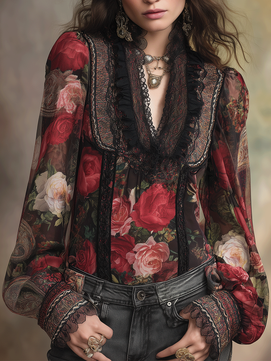 Vintage Boho Romantic Rose Lace Chiffon Blouse – BCSHARED