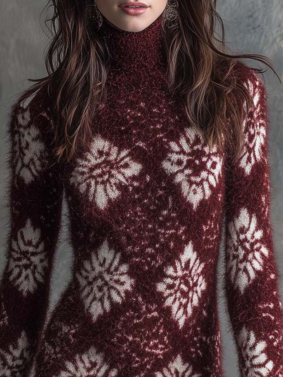 Burgundy Floral-Patterned Fuzzy Knit Sweater Dress