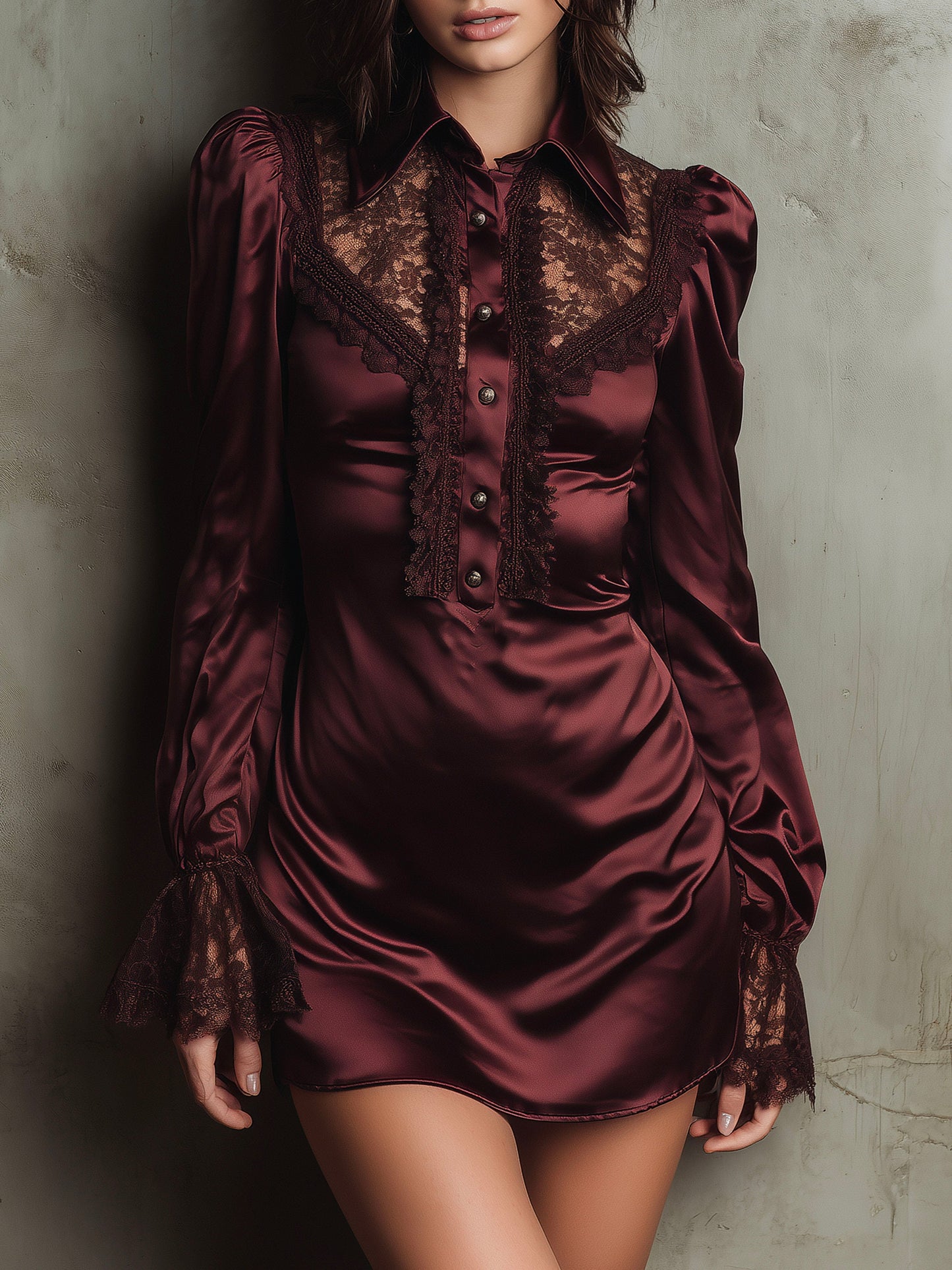 Vintage Burgundy Satin Mini Dress With Lace Accents