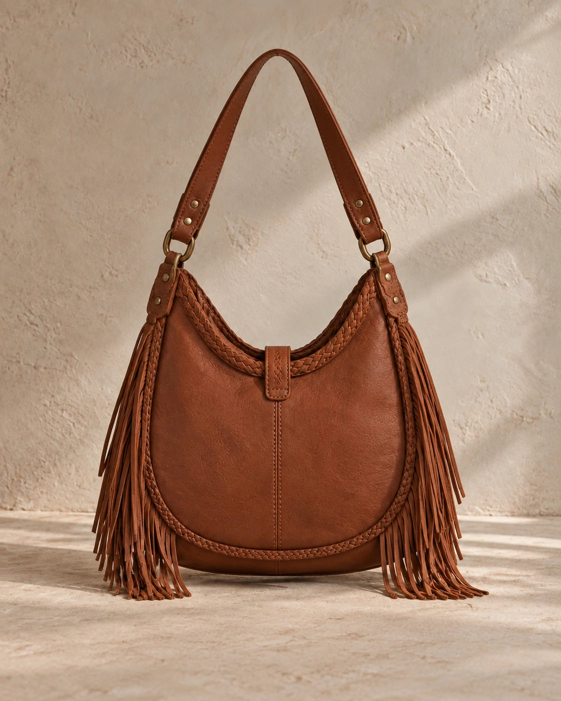 Boho Fringe Embossed Hobo Bag - side angle view