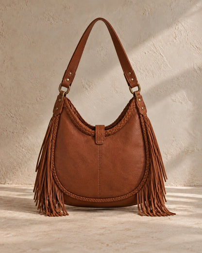 Boho Fringe Embossed Hobo Bag - side angle view
