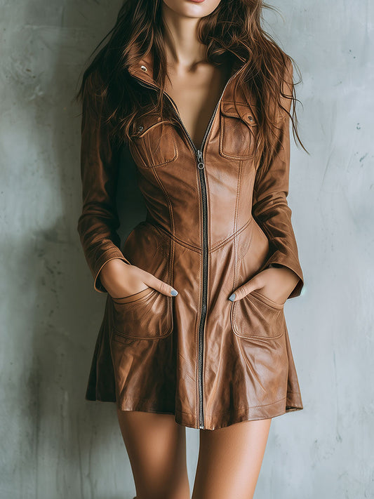 Chic Brown Leather Zip-Up Fitted Mini Dress Coat With Flared Hem