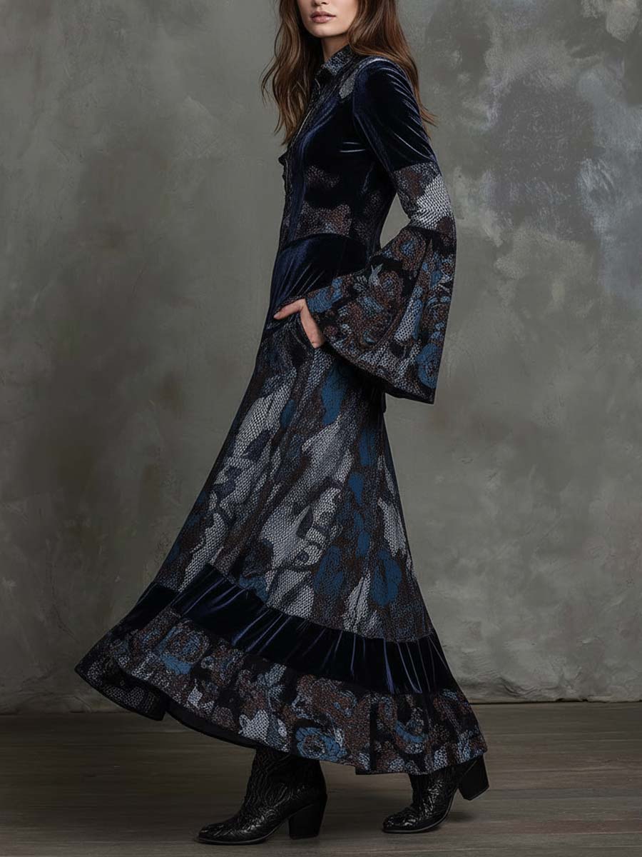 Snake-print Floral Velvet Maxi Dress