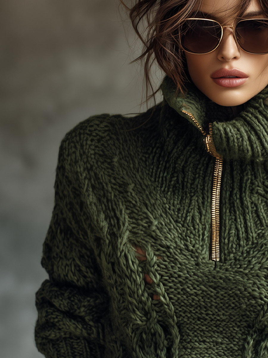 Metal Zip-up Collar Cable-knit Sweater