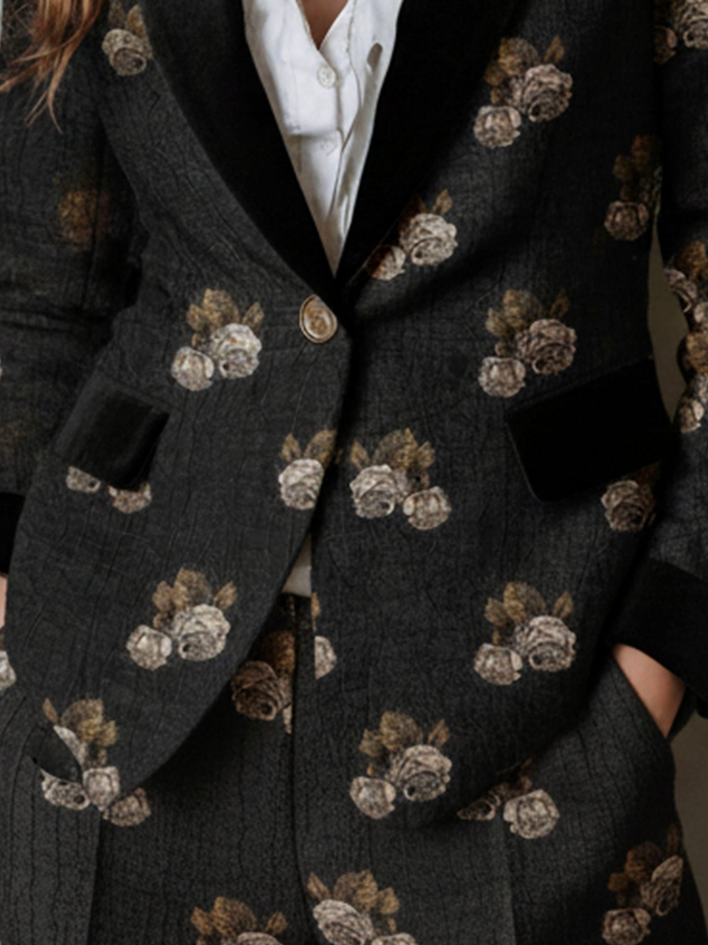 Black Textured Rose Jacquard Tailored Blazer With Velvet Trim