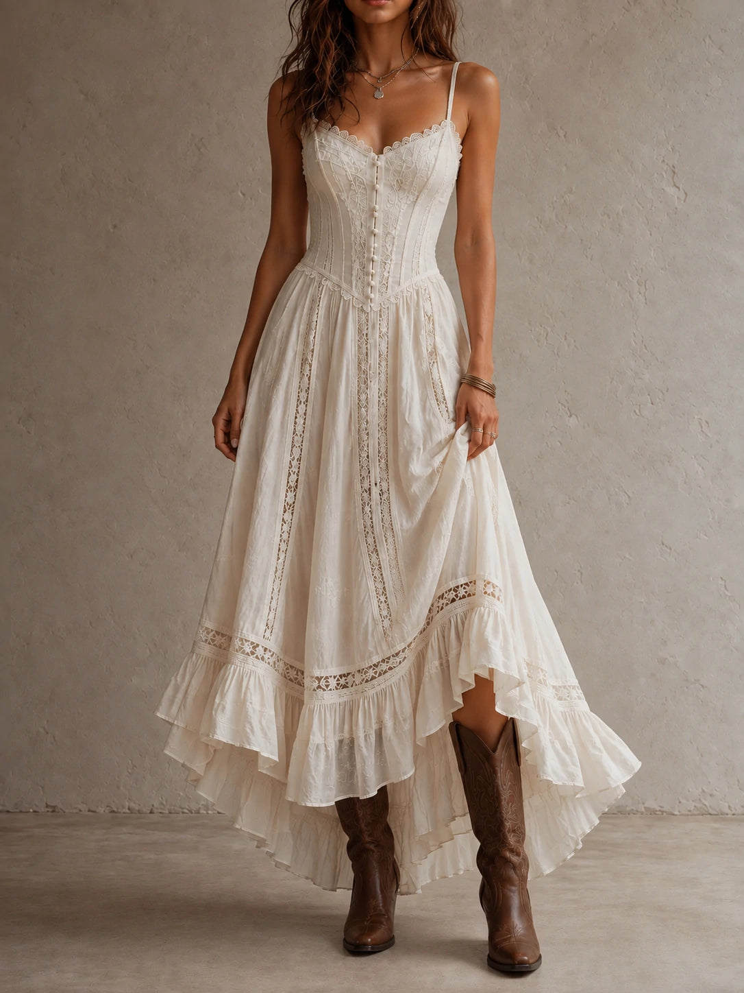 Ivory Lace Inset Corset Slip Maxi Dress