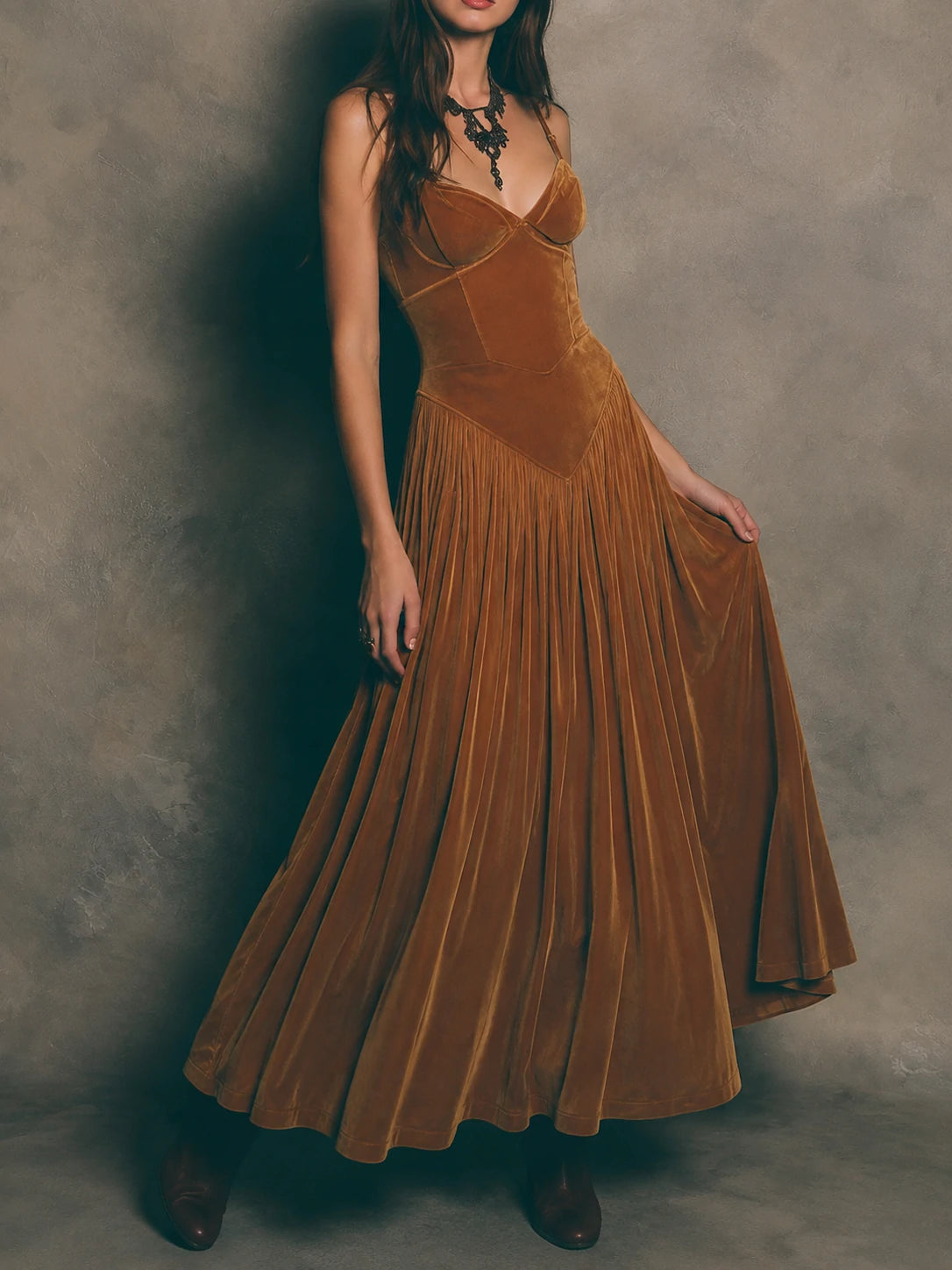Spaghetti Strap Vintage Caramel Swan Maxi Dress