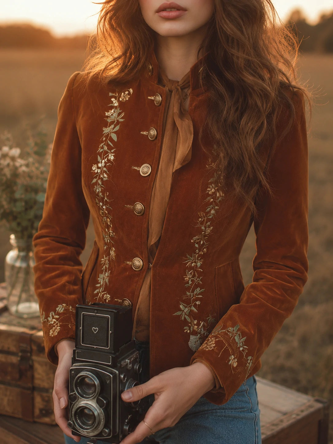 Vintage Microsuede Floral Embroidery Distressed Button Slim-Fit Jacket