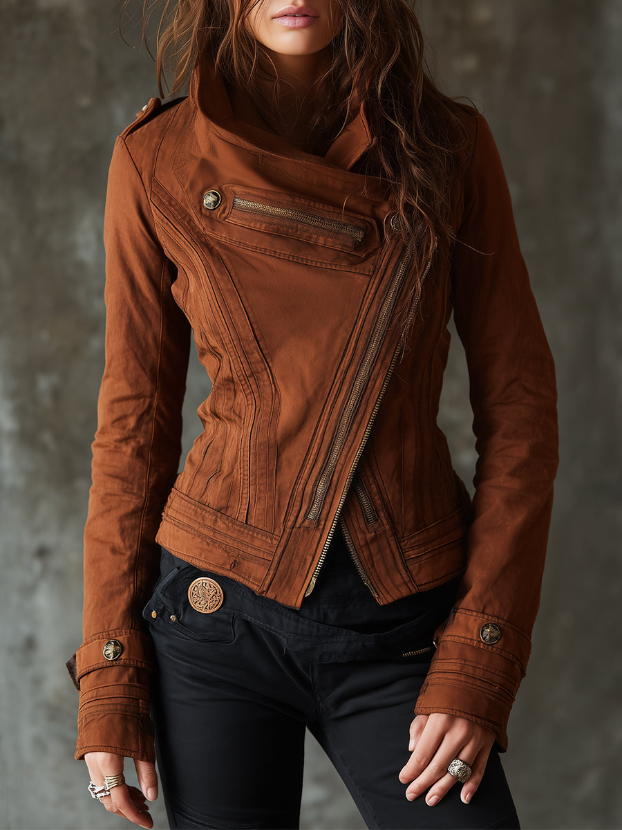Boho Zip-up Slanted Placket Stand Collar Washed Denim Jacket – BCSHARED