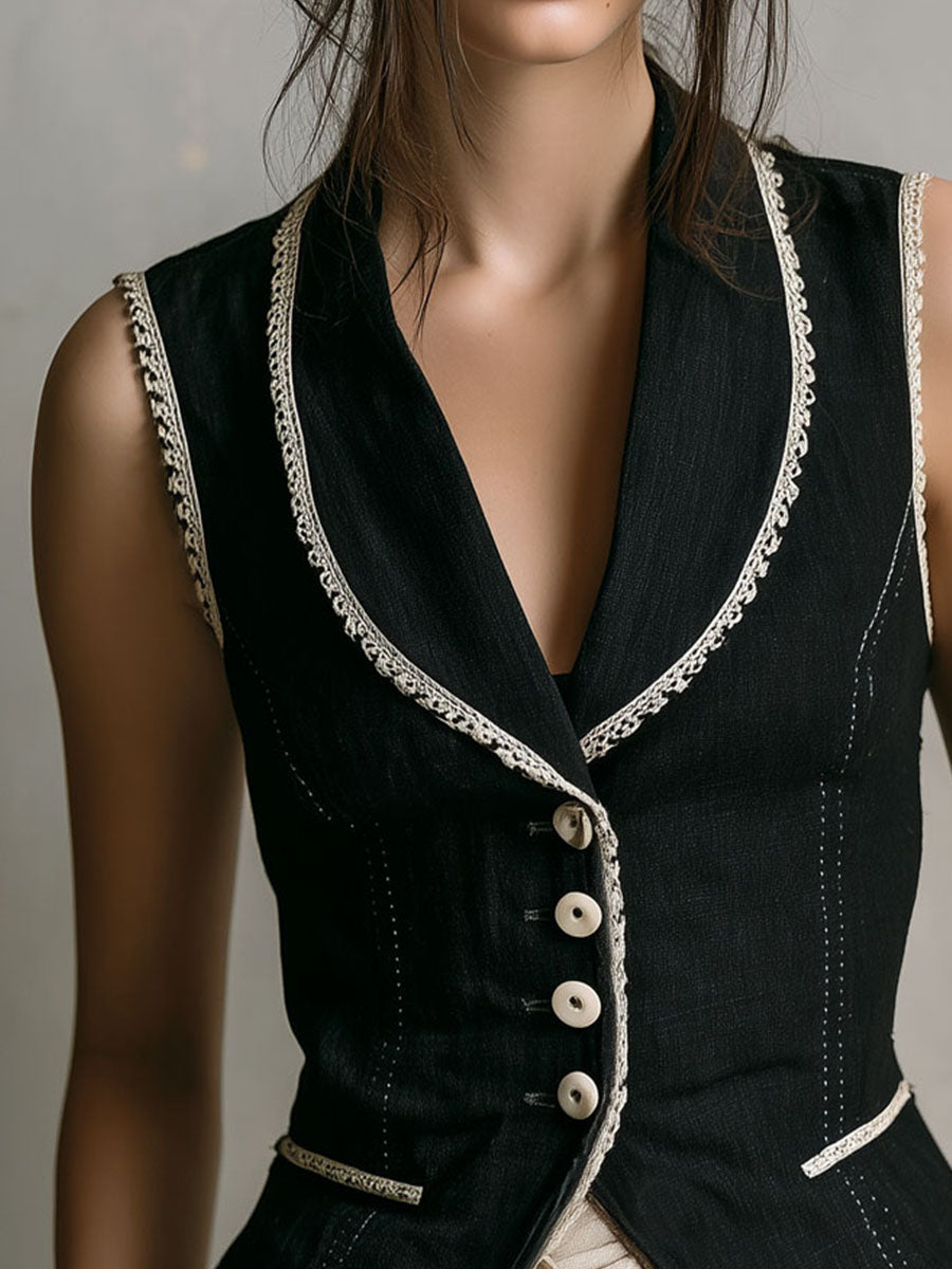 Vintage Contrast Ruffle Hem And Lace Trim Black Waistcoat