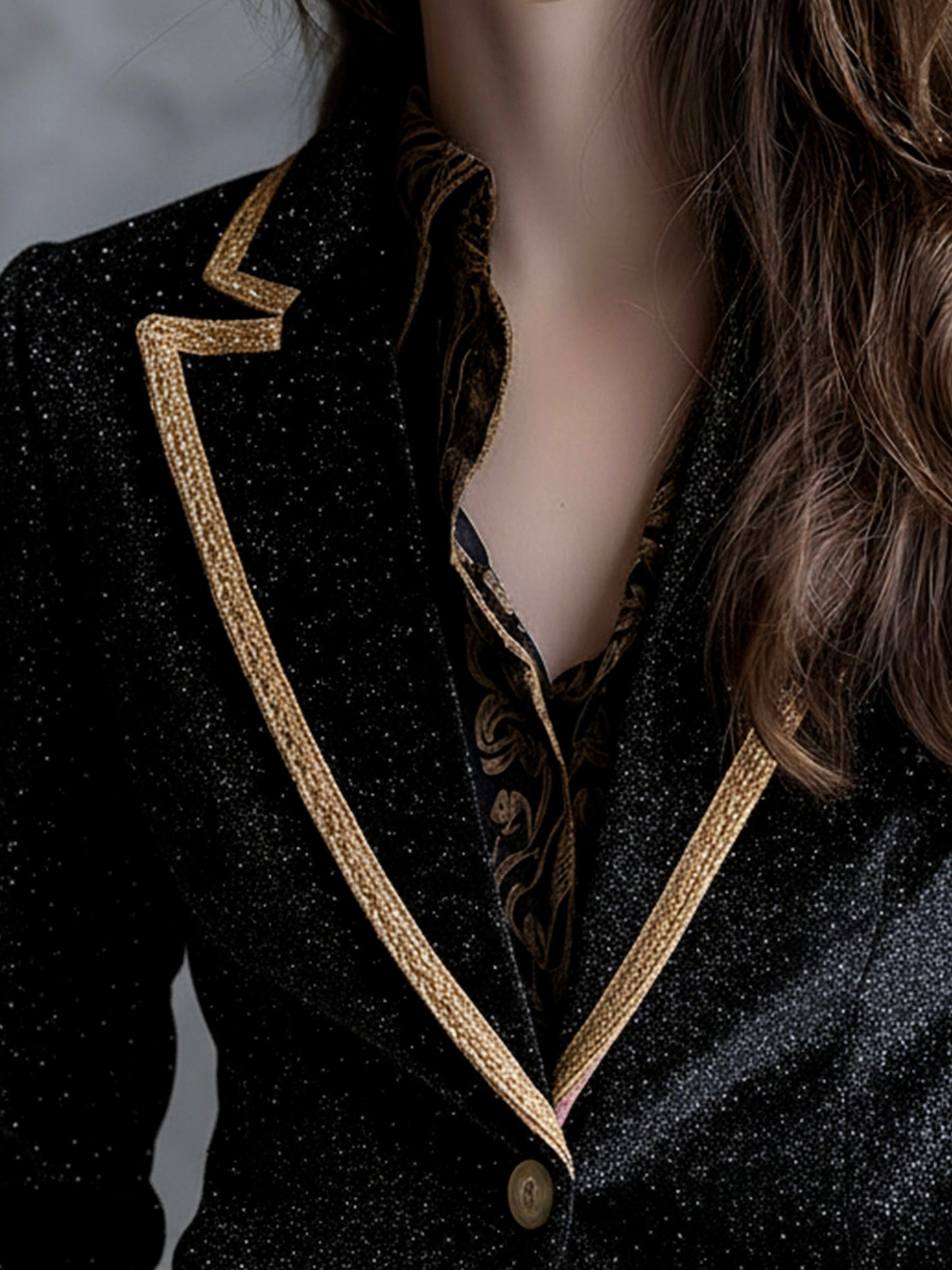 Elegant Black Velvet Glitter Slim Fit Blazer With Gold Trim