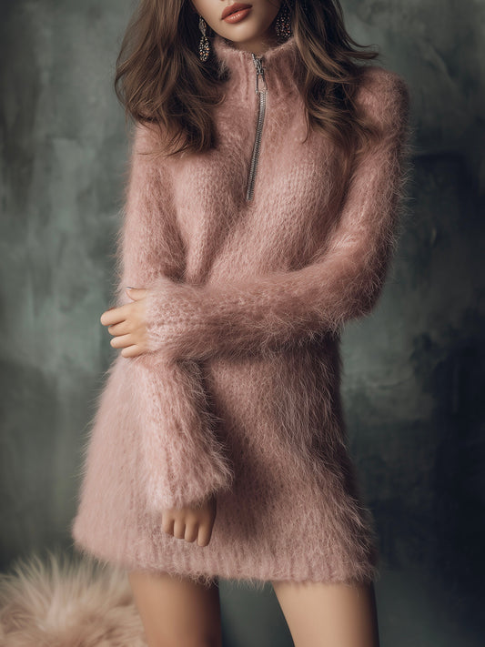 Soft Fluffy Knit Sweater Mini Dress With Half Zip Collar