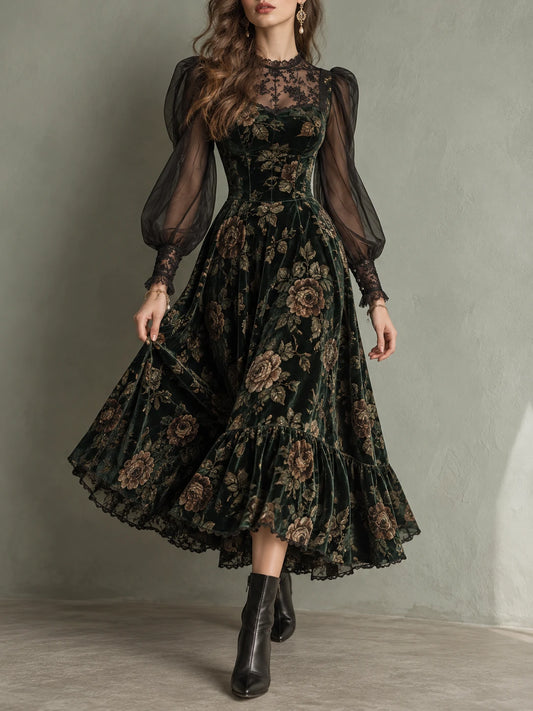 Dark Green Floral Lace-Yoke Midi Dress