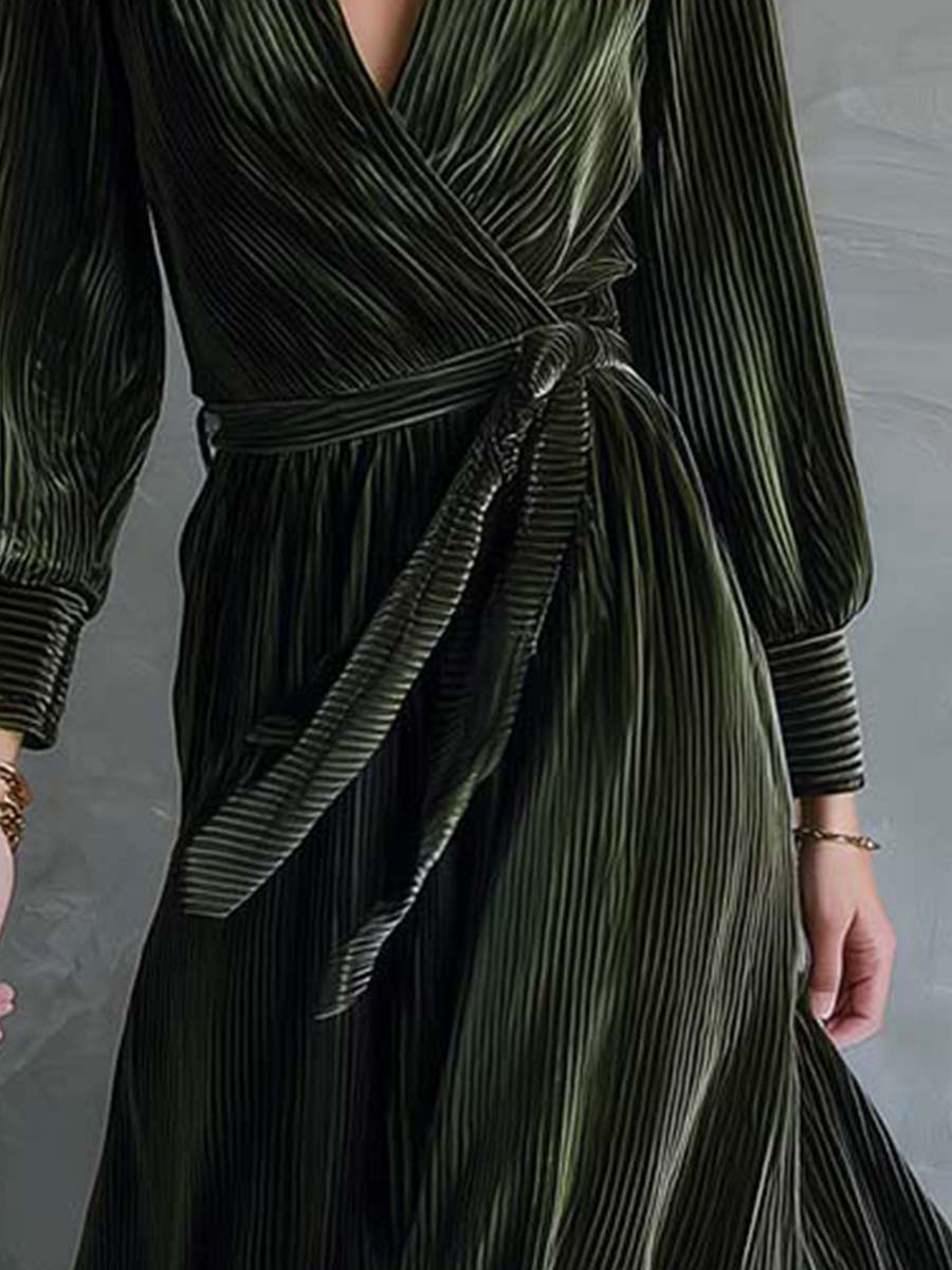 Emerald Pleated Velvet Wrap Maxi Dress