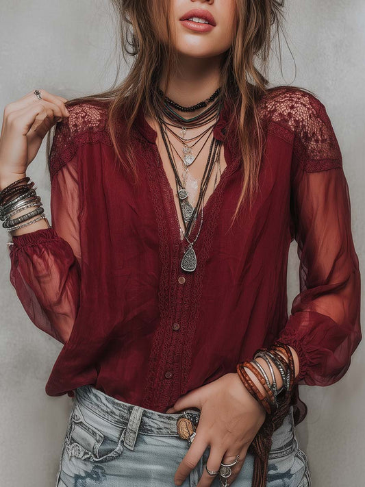 Retro Sheer Sleeves Lace Trim Chiffon Blouse