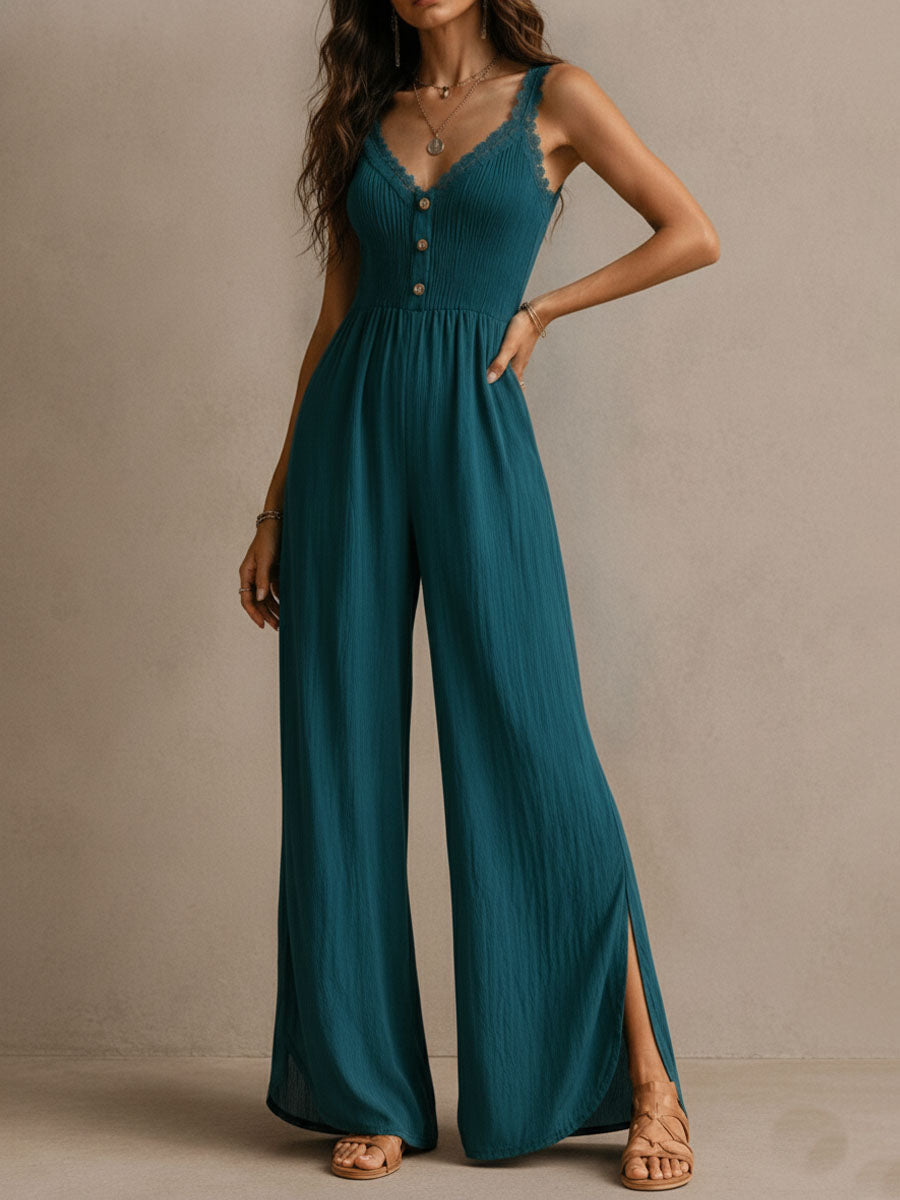 Boho Teal Lace-Trimmed Wide-Leg Jumpsuit